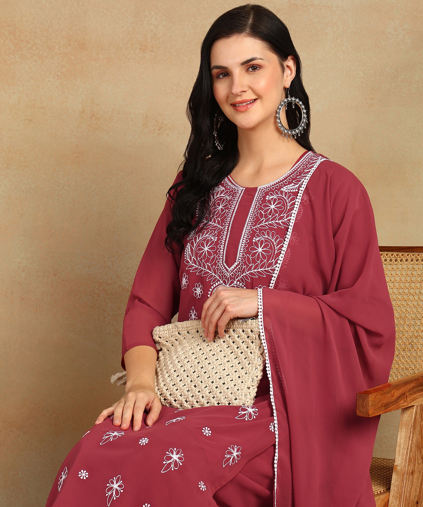 Chikankari Straight Kurta with Palazzo & Dupatta set