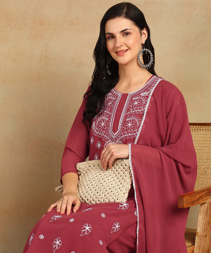 Chikankari Straight Kurta with Palazzo & Dupatta set
