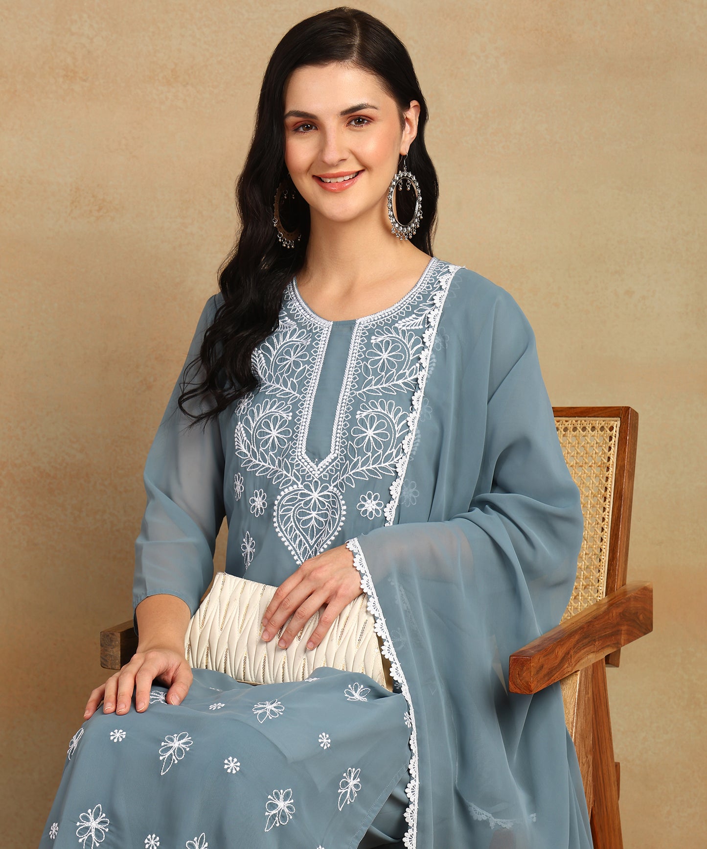 Chikankari Straight Kurta with Palazzo & Dupatta set