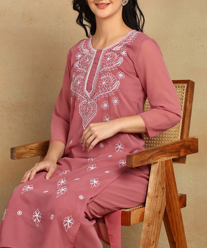 Chikankari Straight Kurta with Palazzo & Dupatta set