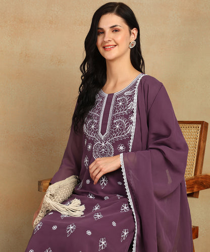 Chikankari Straight Kurta with Palazzo & Dupatta set