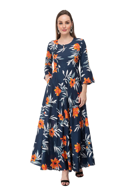 Rudraakshaksha women's printed black crepe fit and flary  maxi dress