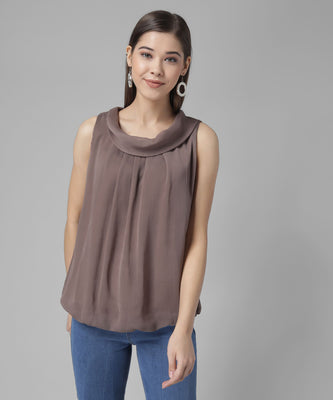 Sleeveless Cowl Neck Top | Pleated Satin-Finish Blouse