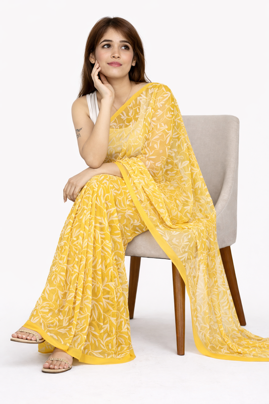 Yellow Georgette Tepchi Embroidered Saree | Lightweight Floral Chikankari Look Sari RUDRAAKSHA