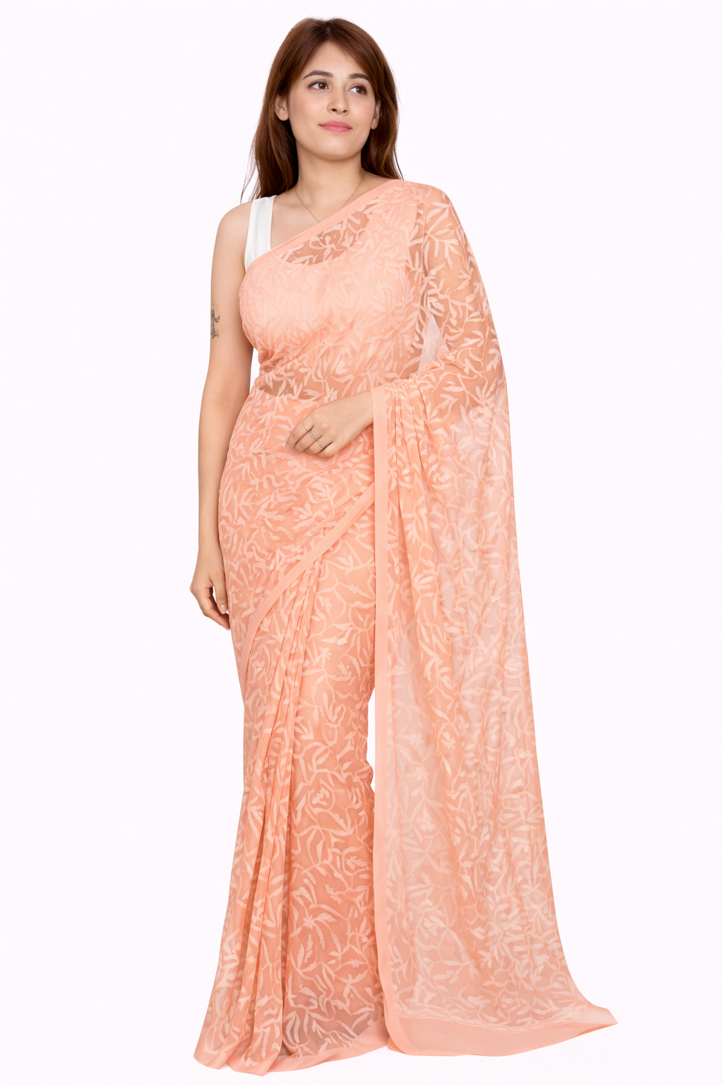 Peach Georgette Tepchi Embroidered Saree | Lucknowi Chikankari Look Sari for Women RUDRAAKSHA