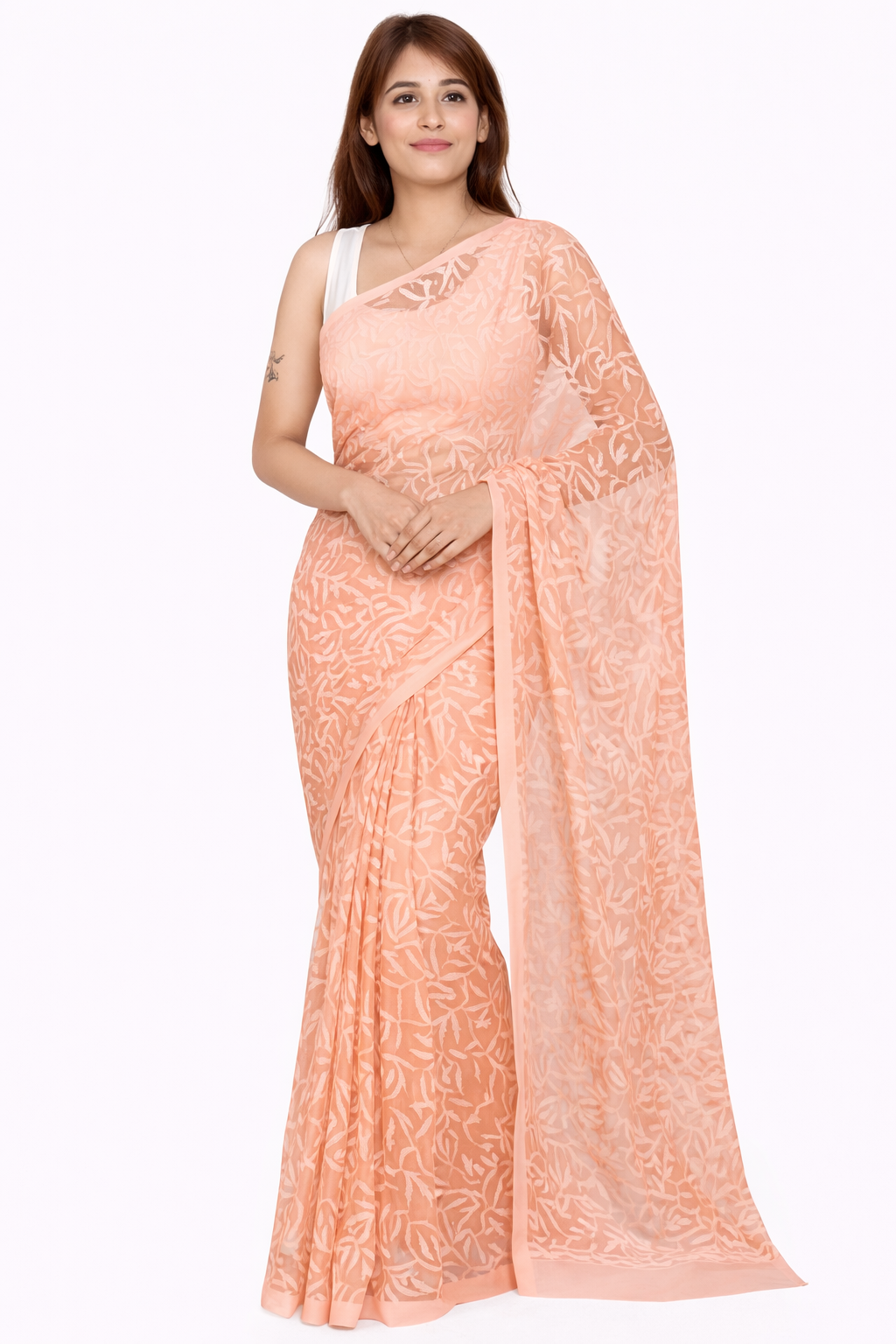 Peach Georgette Tepchi Embroidered Saree | Lucknowi Chikankari Look Sari for Women RUDRAAKSHA