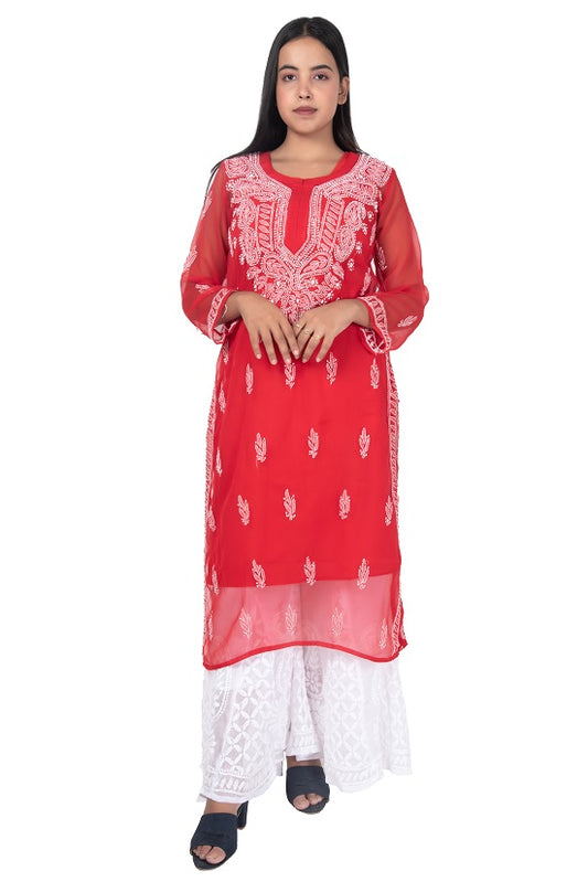 Rudraaksha Women's Red Georgette Lucknowi Chikankari Kurta & White Palazzo Set | Traditional Ethnic Wear