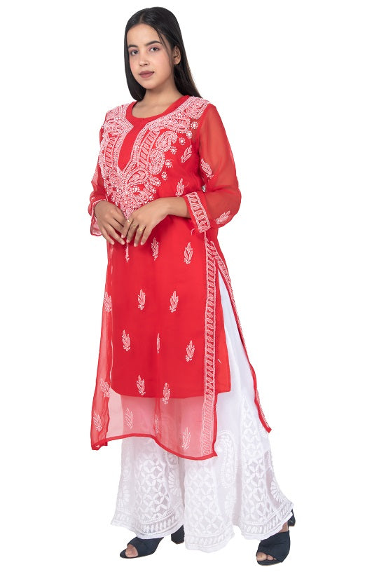 Rudraaksha Women's Red Georgette Lucknowi Chikankari Kurta & White Palazzo Set | Traditional Ethnic Wear