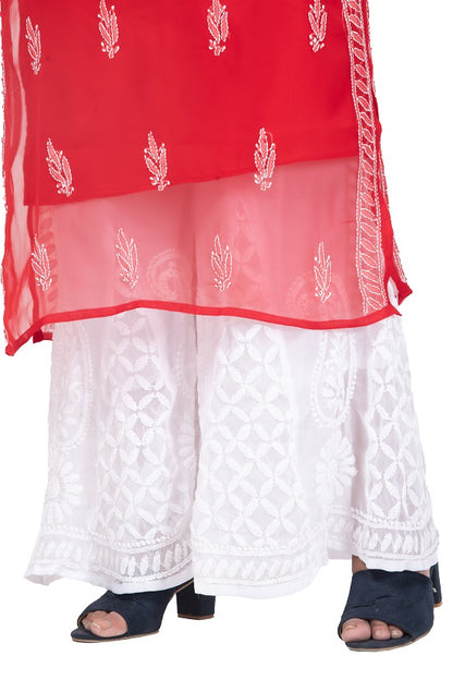 Rudraaksha Women's Red Georgette Lucknowi Chikankari Kurta & White Palazzo Set | Traditional Ethnic Wear
