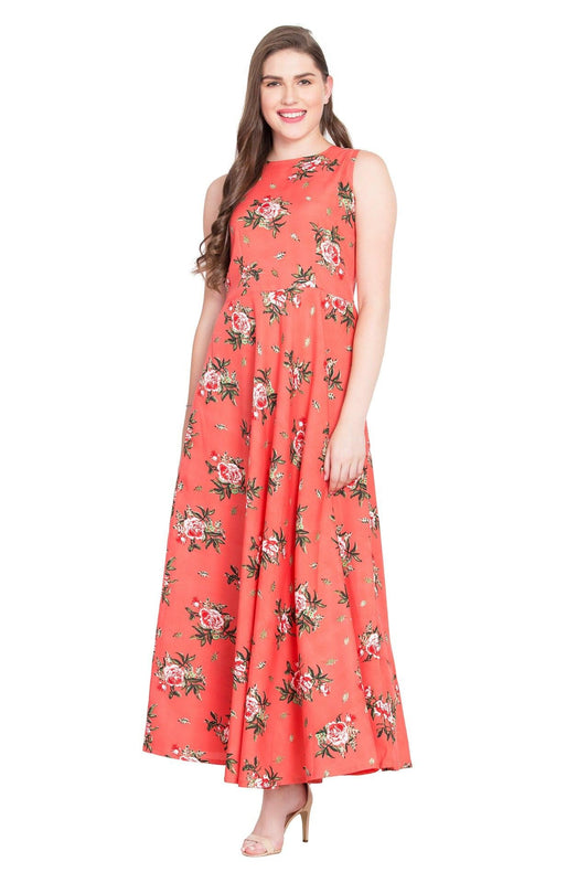Rudraaksha Women’s Coral Pink Floral Printed Crepe Maxi Dress | Sleeveless Round Neck Long Dress for Casual & Daily Wear RUDRAAKSHA