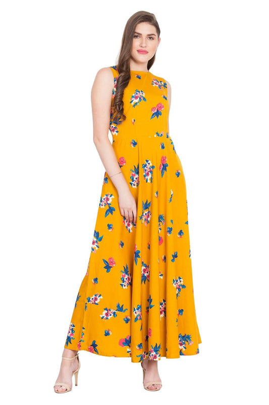 Rudraaksha Women’s Mustard Yellow Floral Printed Crepe Maxi Dress | Sleeveless Round Neck Long Dress for Casual & Daily Wear RUDRAAKSHA