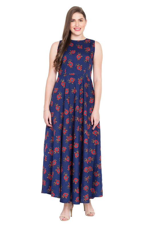 Rudraaksha Women’s Navy Blue Floral Printed Crepe Maxi Dress | Sleeveless Round Neck Long Dress for Casual & Daily Wear RUDRAAKSHA