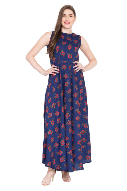 Rudraaksha Women’s Navy Blue Floral Printed Crepe Maxi Dress | Sleeveless Round Neck Long Dress for Casual & Daily Wear RUDRAAKSHA