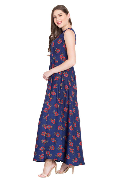 Rudraaksha Women’s Navy Blue Floral Printed Crepe Maxi Dress | Sleeveless Round Neck Long Dress for Casual & Daily Wear RUDRAAKSHA