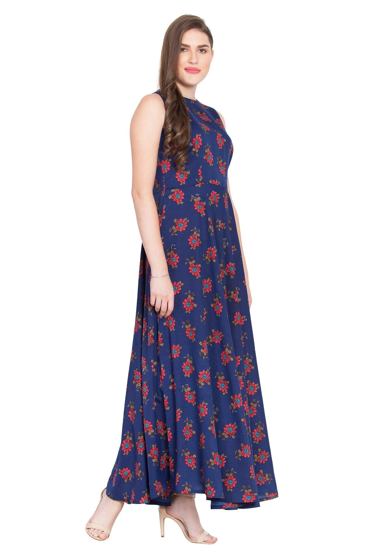 Rudraaksha Women’s Navy Blue Floral Printed Crepe Maxi Dress | Sleeveless Round Neck Long Dress for Casual & Daily Wear RUDRAAKSHA