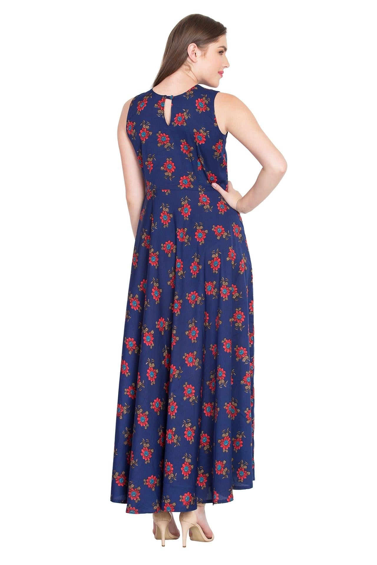 Rudraaksha Women’s Navy Blue Floral Printed Crepe Maxi Dress | Sleeveless Round Neck Long Dress for Casual & Daily Wear RUDRAAKSHA