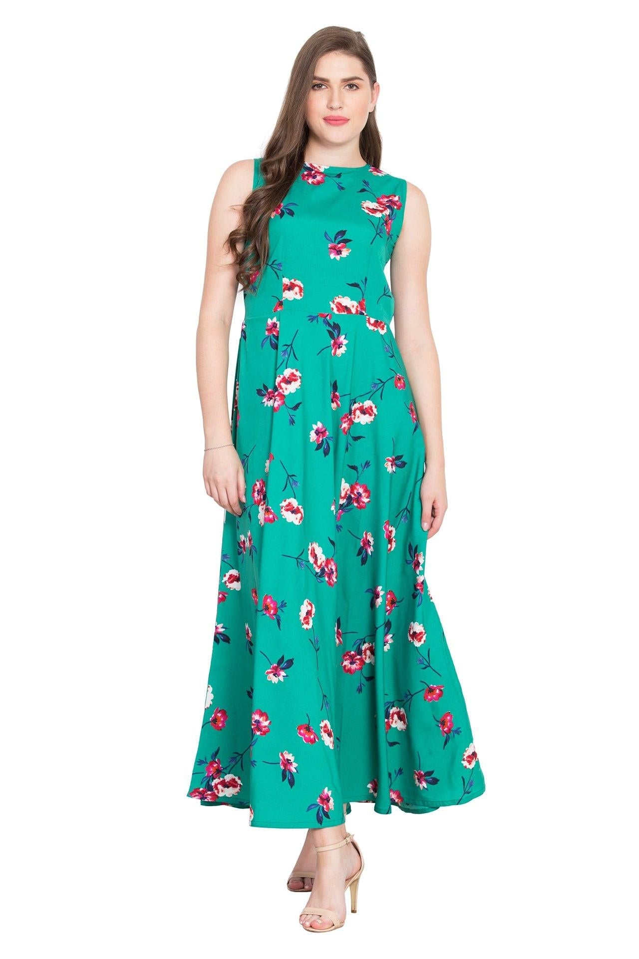 Rudraaksha Women’s Teal Green Floral Printed Crepe Maxi Dress | Sleeveless Round Neck Long Dress for Casual & Daily Wear RUDRAAKSHA