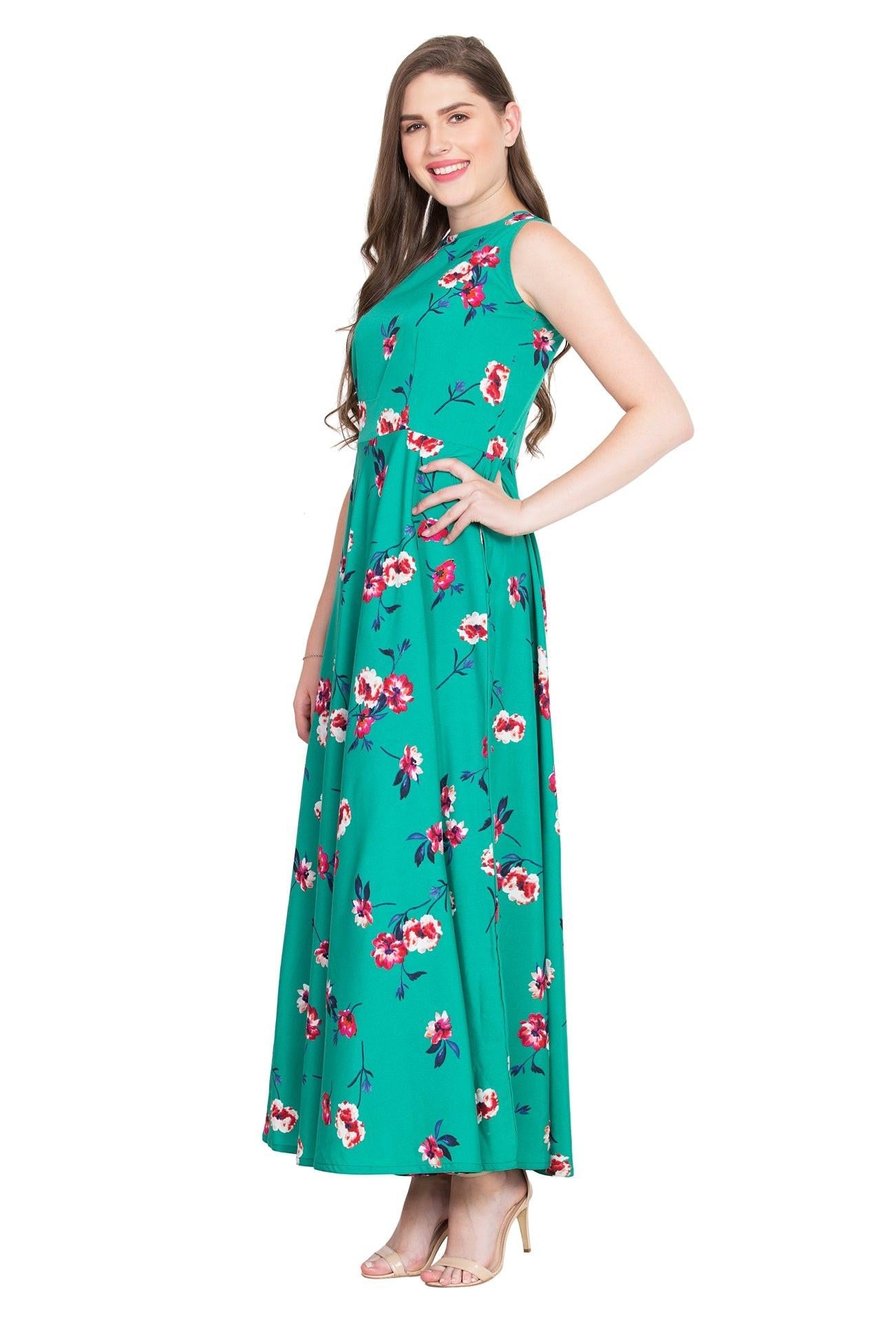 Rudraaksha Women’s Teal Green Floral Printed Crepe Maxi Dress | Sleeveless Round Neck Long Dress for Casual & Daily Wear RUDRAAKSHA
