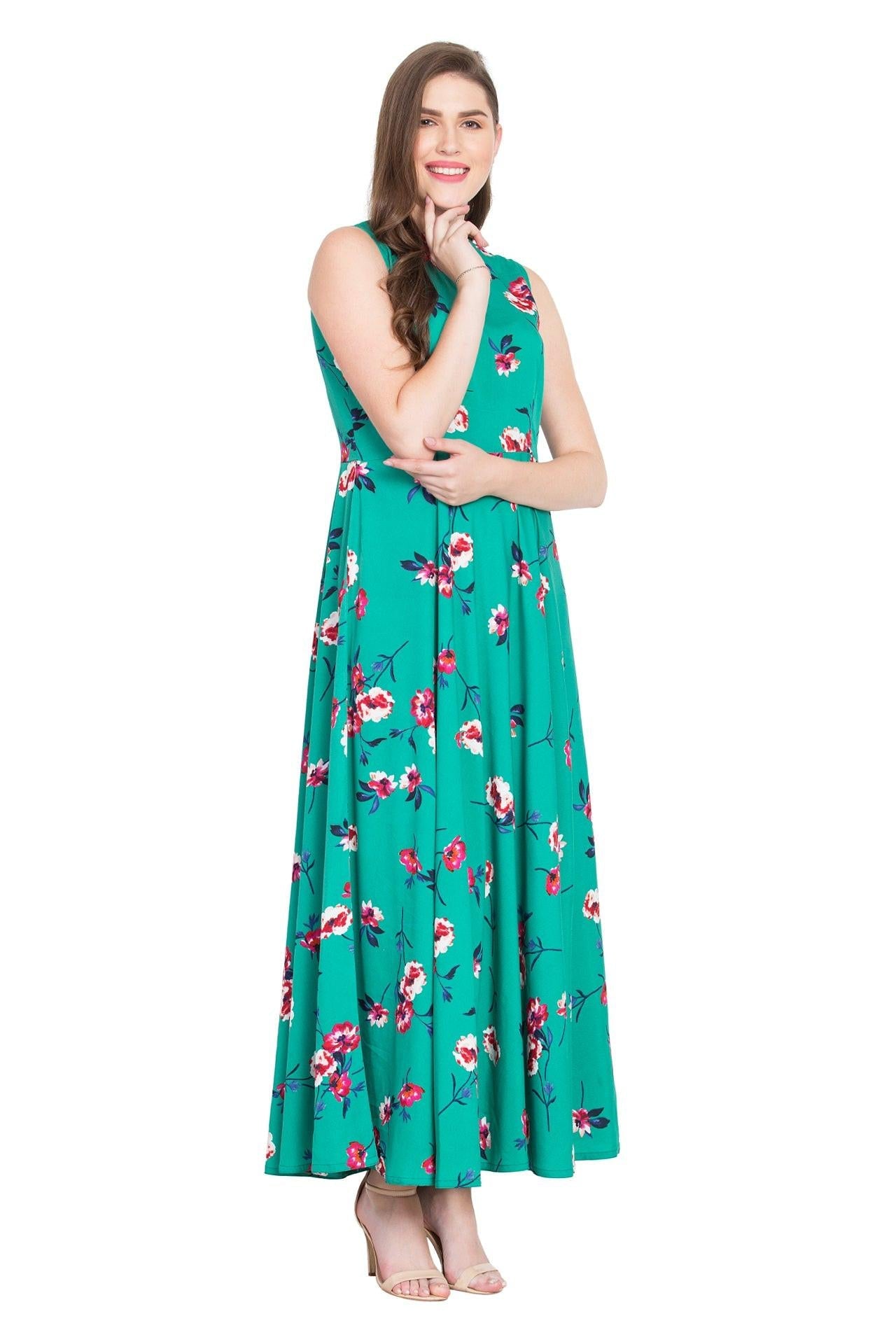 Rudraaksha Women’s Teal Green Floral Printed Crepe Maxi Dress | Sleeveless Round Neck Long Dress for Casual & Daily Wear RUDRAAKSHA