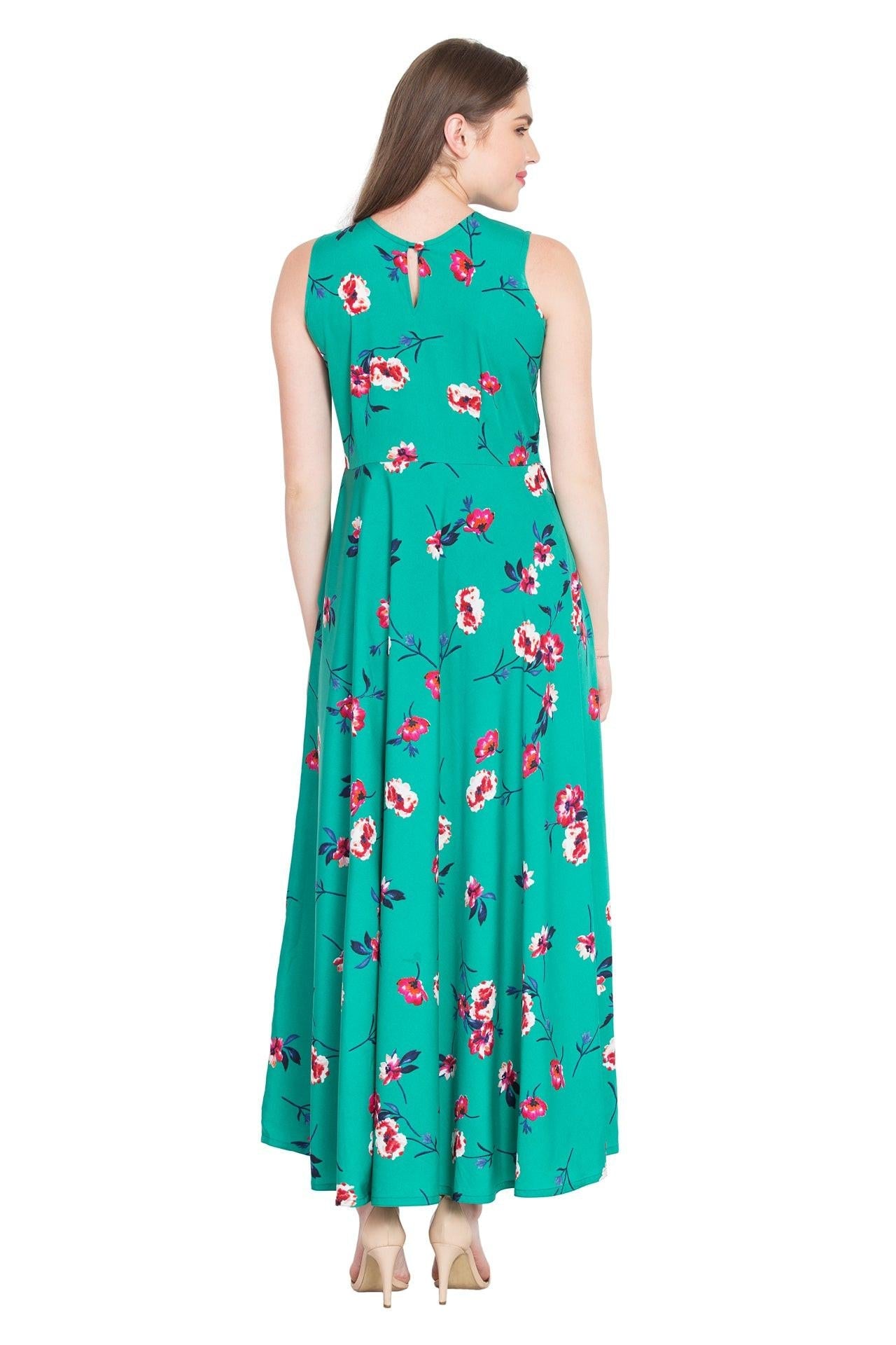 Rudraaksha Women’s Teal Green Floral Printed Crepe Maxi Dress | Sleeveless Round Neck Long Dress for Casual & Daily Wear RUDRAAKSHA