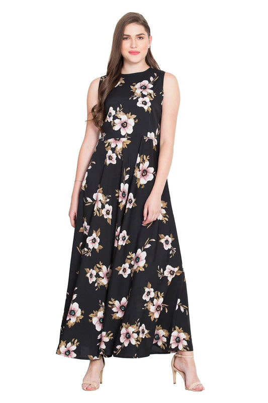 Rudraaksha Women’s Black Floral Printed Crepe Maxi Dress | Sleeveless V-Neck Long Dress for Casual, Party & Daily Wear RUDRAAKSHA
