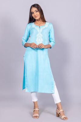 Cotton Chikankari Kurti (Sky Blue)