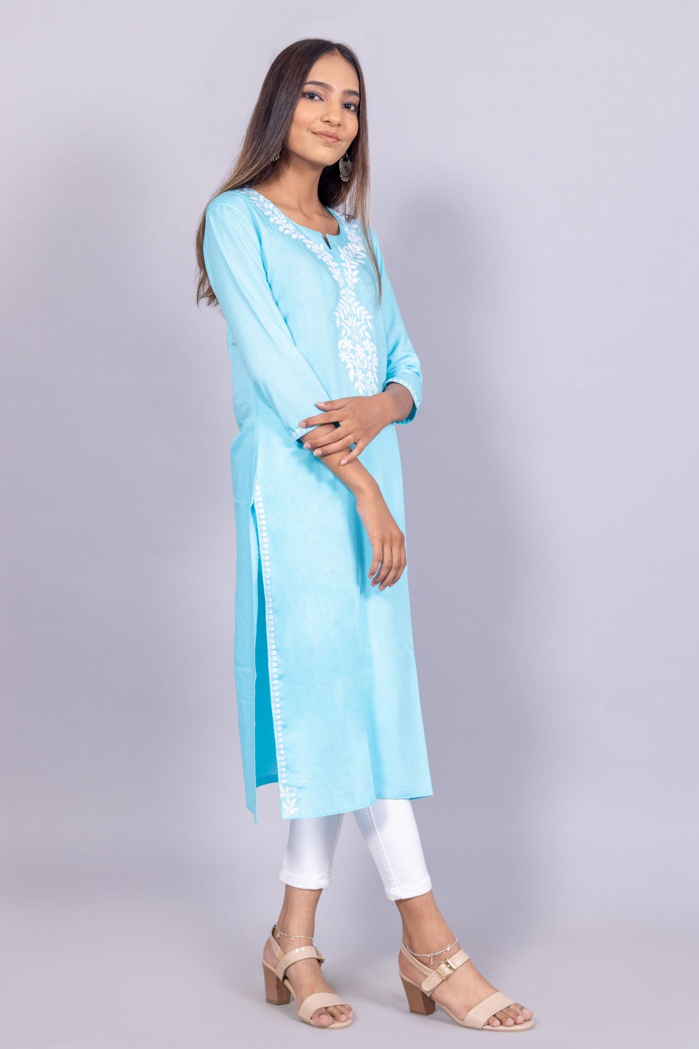 Cotton Chikankari Kurti (Sky Blue)