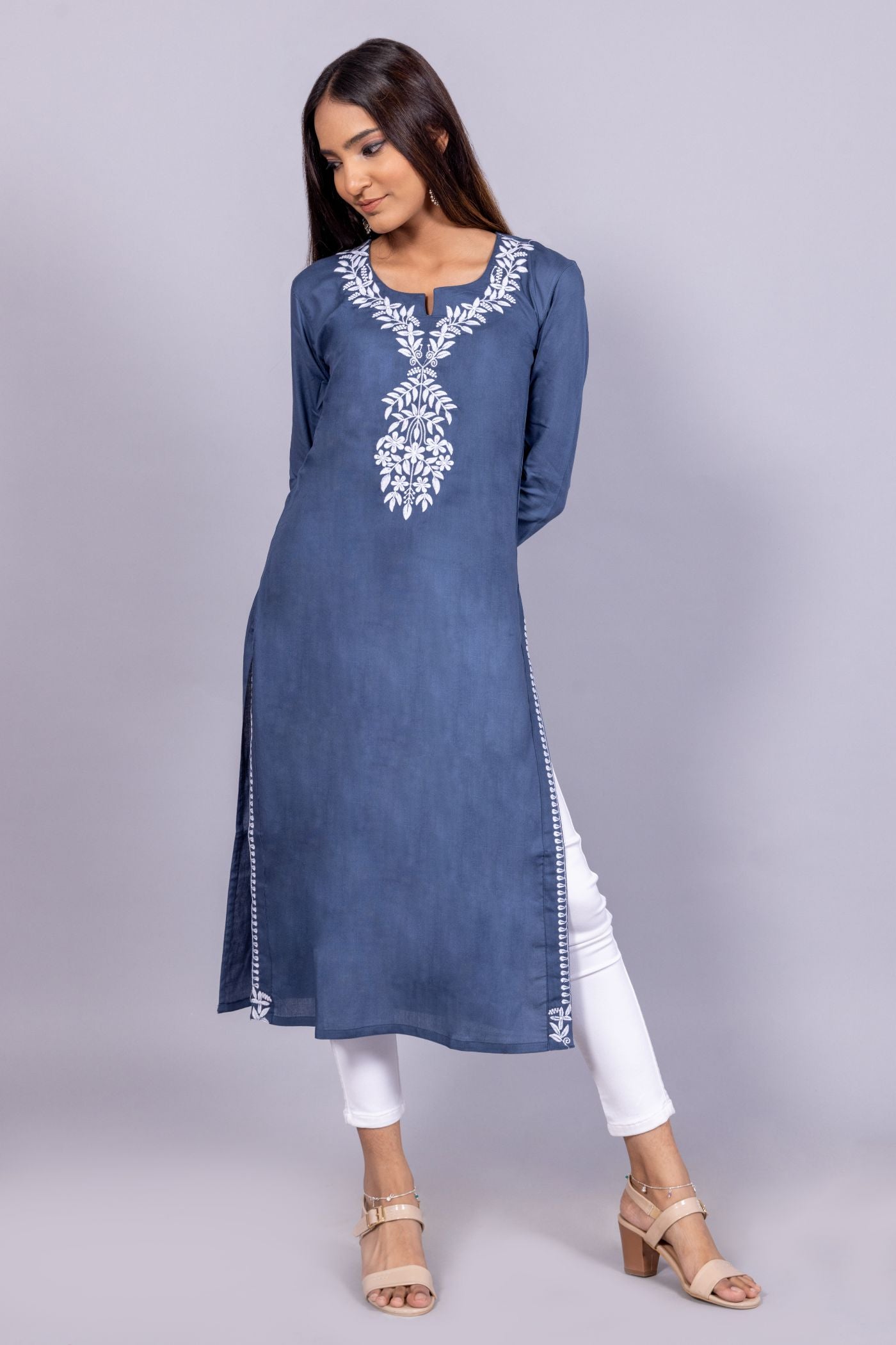 Blue Cotton Chikankari Kurta for Women | White Thread Embroidered Straight Kurta RUDRAAKSHA