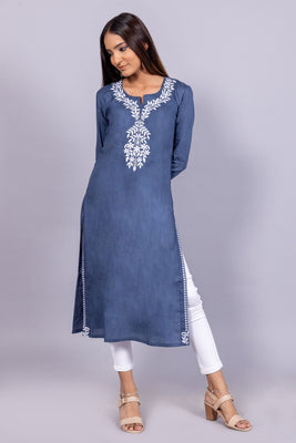 Blue Cotton Chikankari Kurta for Women | White Thread Embroidered Straight Kurta