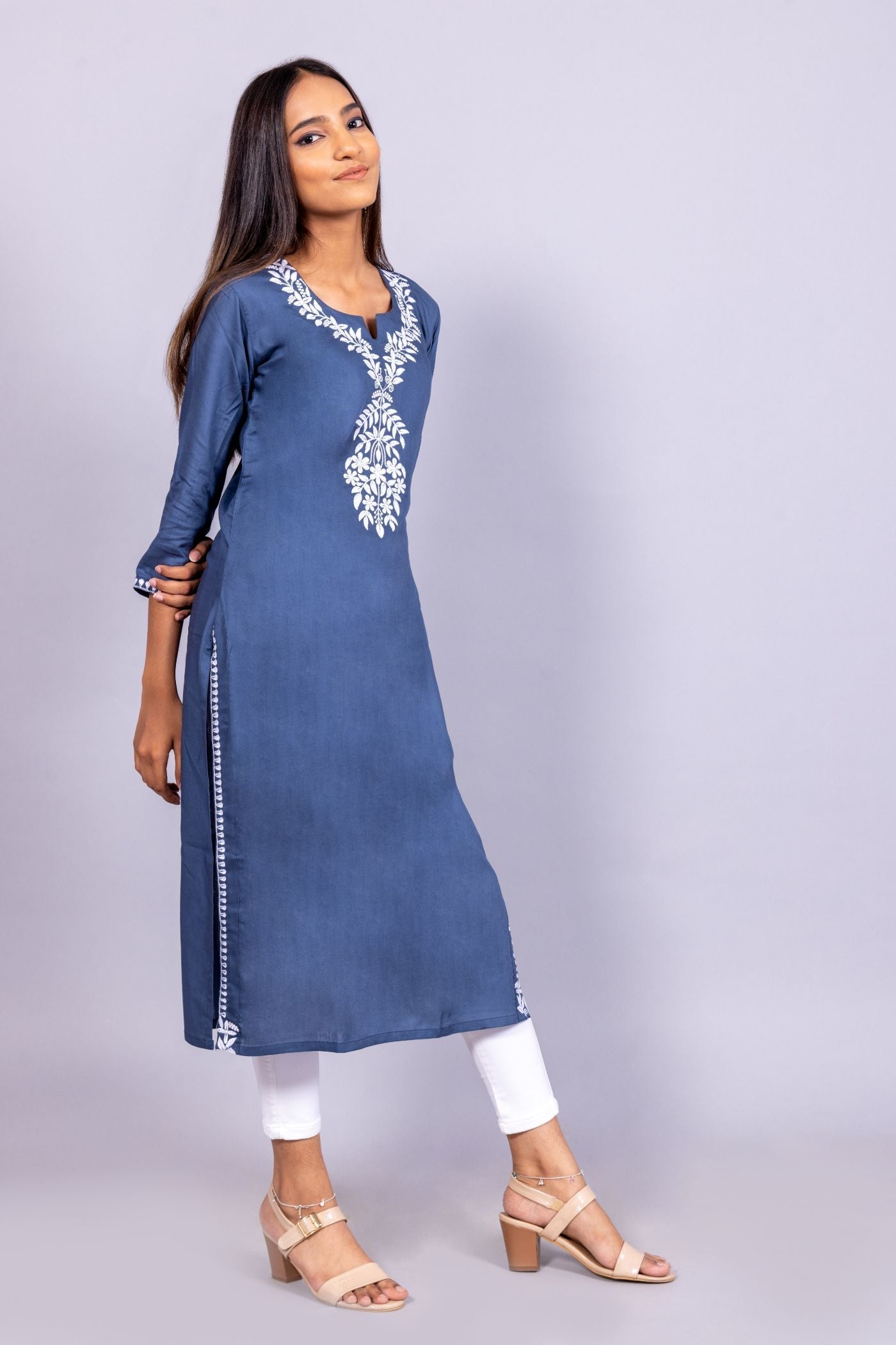 Blue Cotton Chikankari Kurta for Women | White Thread Embroidered Straight Kurta RUDRAAKSHA