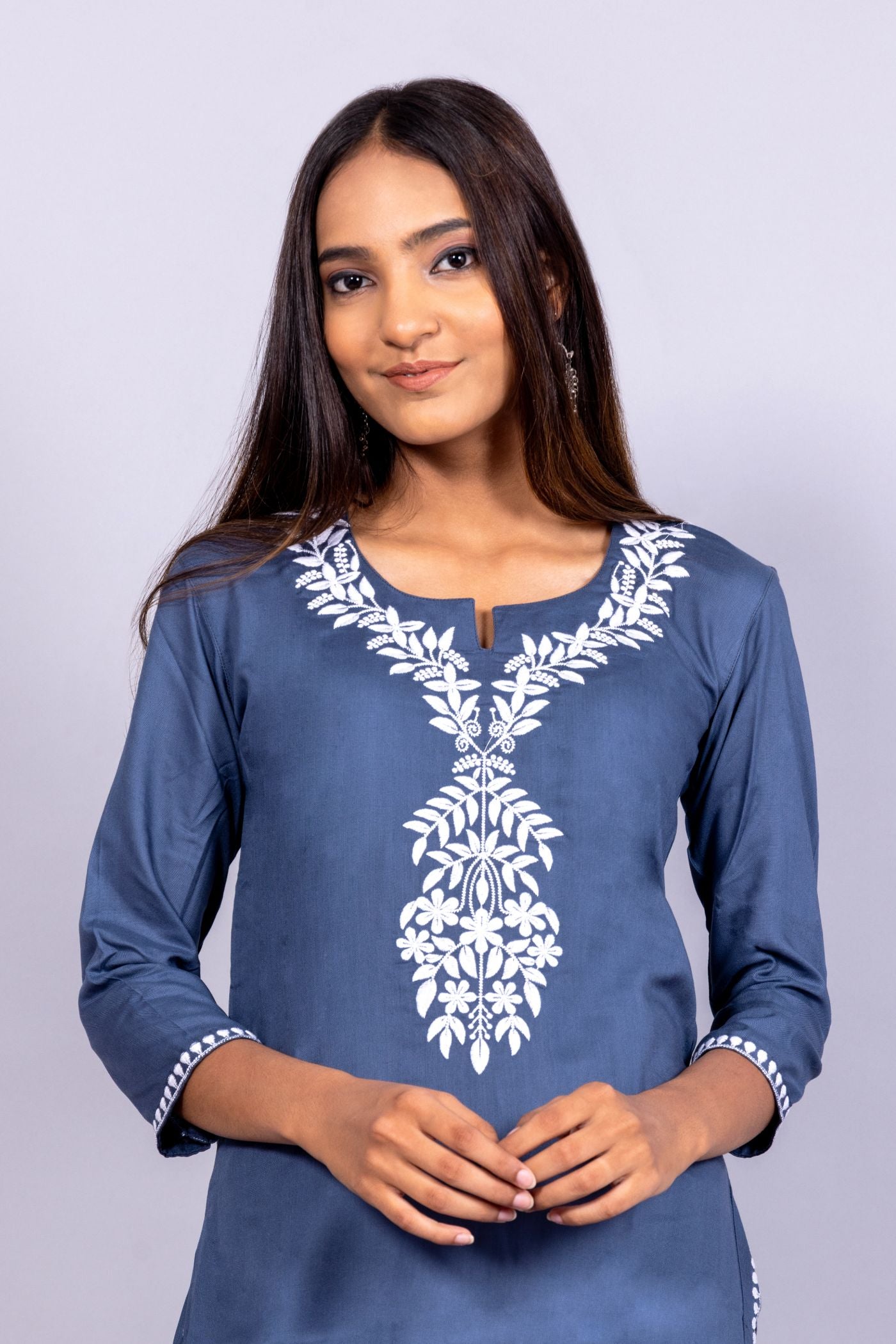 Blue Cotton Chikankari Kurta for Women | White Thread Embroidered Straight Kurta RUDRAAKSHA