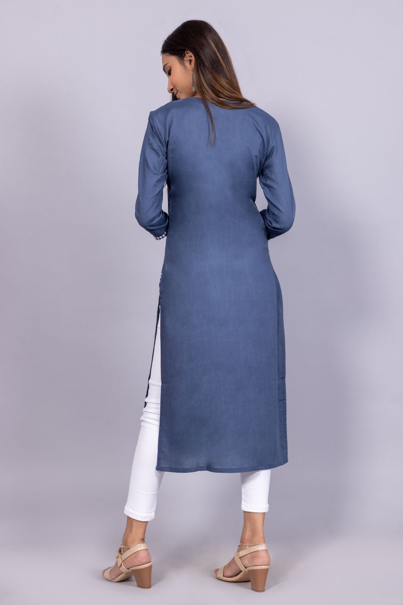 Blue Cotton Chikankari Kurta for Women | White Thread Embroidered Straight Kurta RUDRAAKSHA