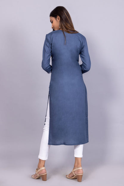 Blue Cotton Chikankari Kurta for Women | White Thread Embroidered Straight Kurta RUDRAAKSHA