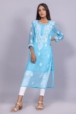 Georgette Chikankari Kurti (Sky Blue)