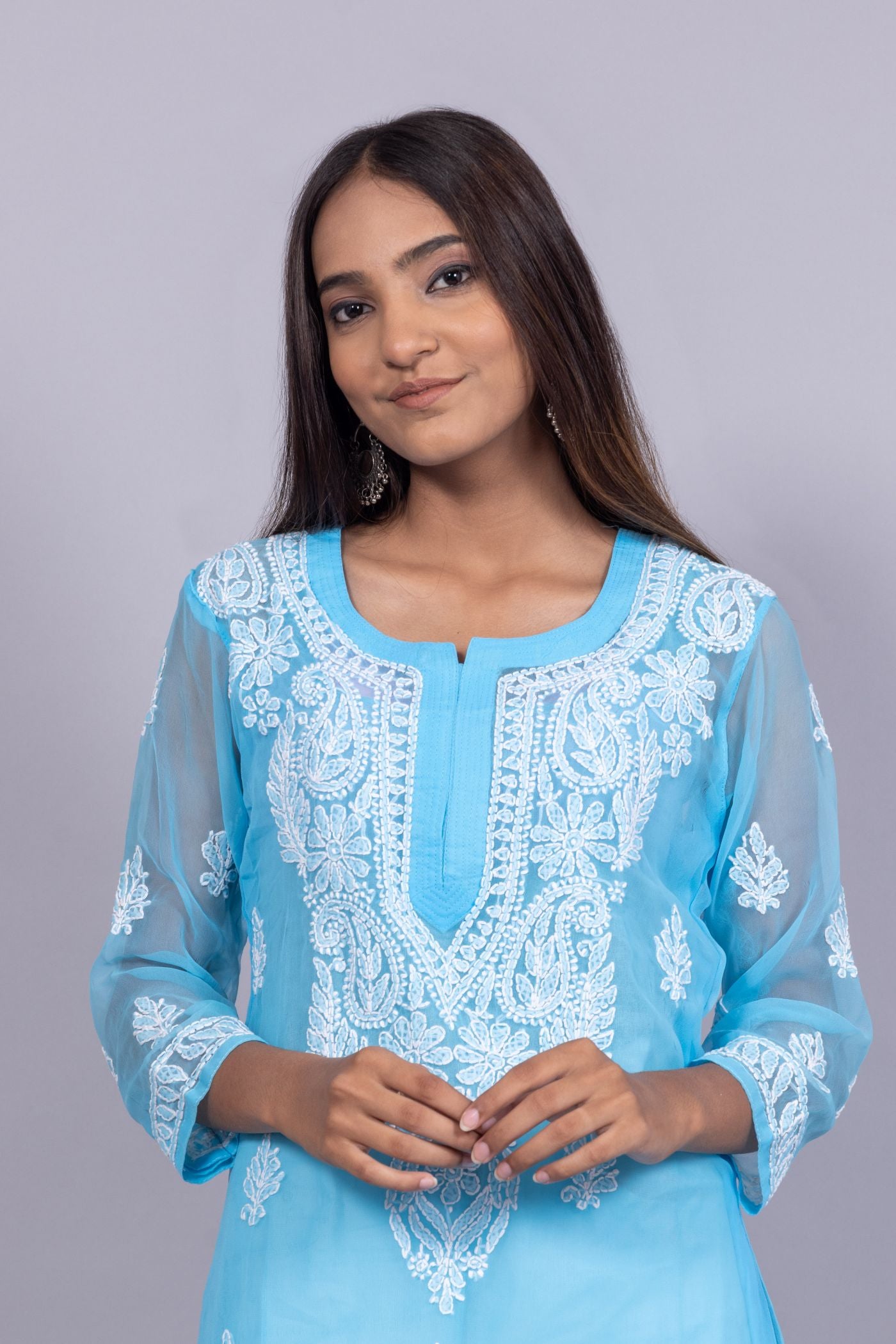 Georgette Chikankari Kurti (Sky Blue)