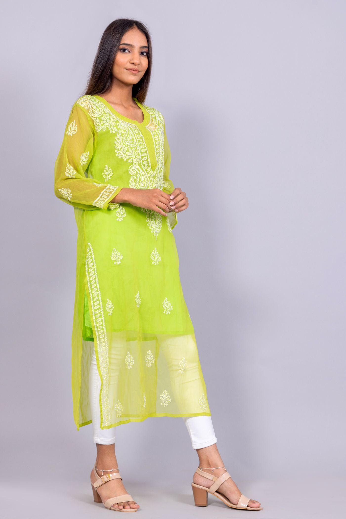 Georgette Chikankari Kurti (Green)