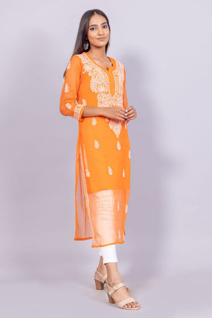 Georgette Chikankari Kurti (Orange)