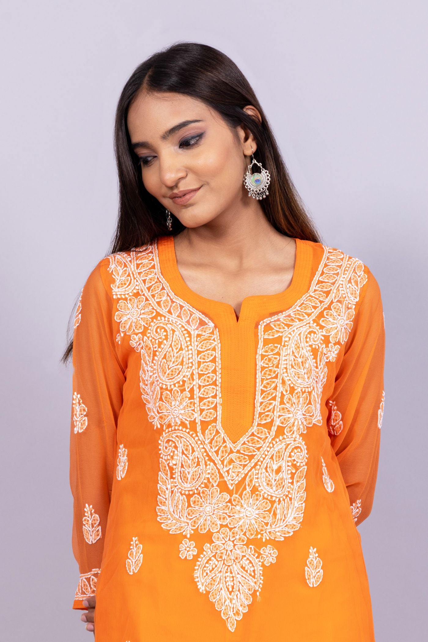 Georgette Chikankari Kurti (Orange)