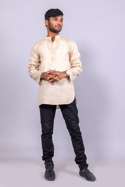 Cotton Blend Solid Casual Short Kurta for Men Long Sleeve Mandarin Collar Stylish Shirt Kurta for Men