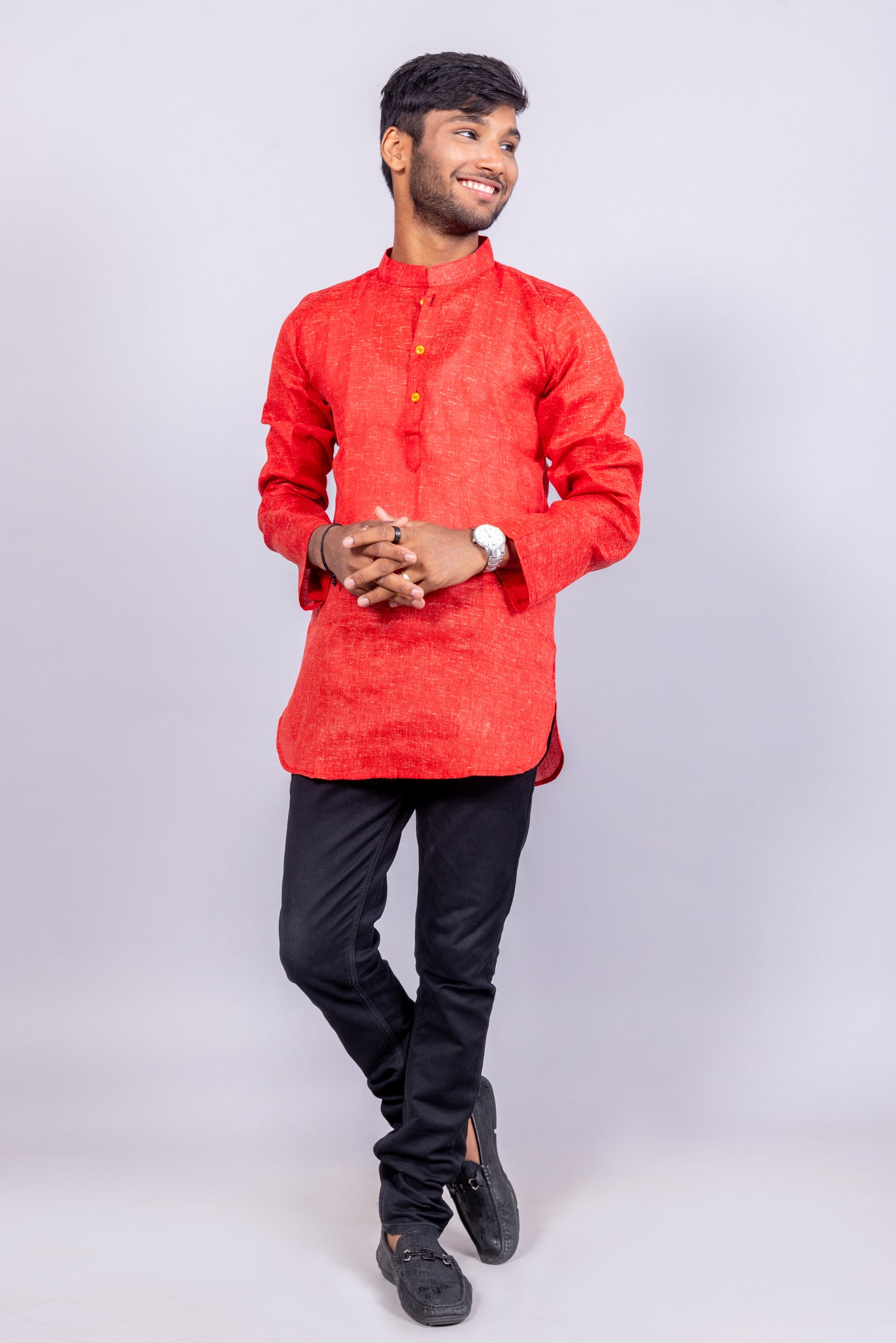 Cotton Blend Solid Casual Short Kurta for Men Long Sleeve Mandarin Collar Stylish Shirt Kurta for Men