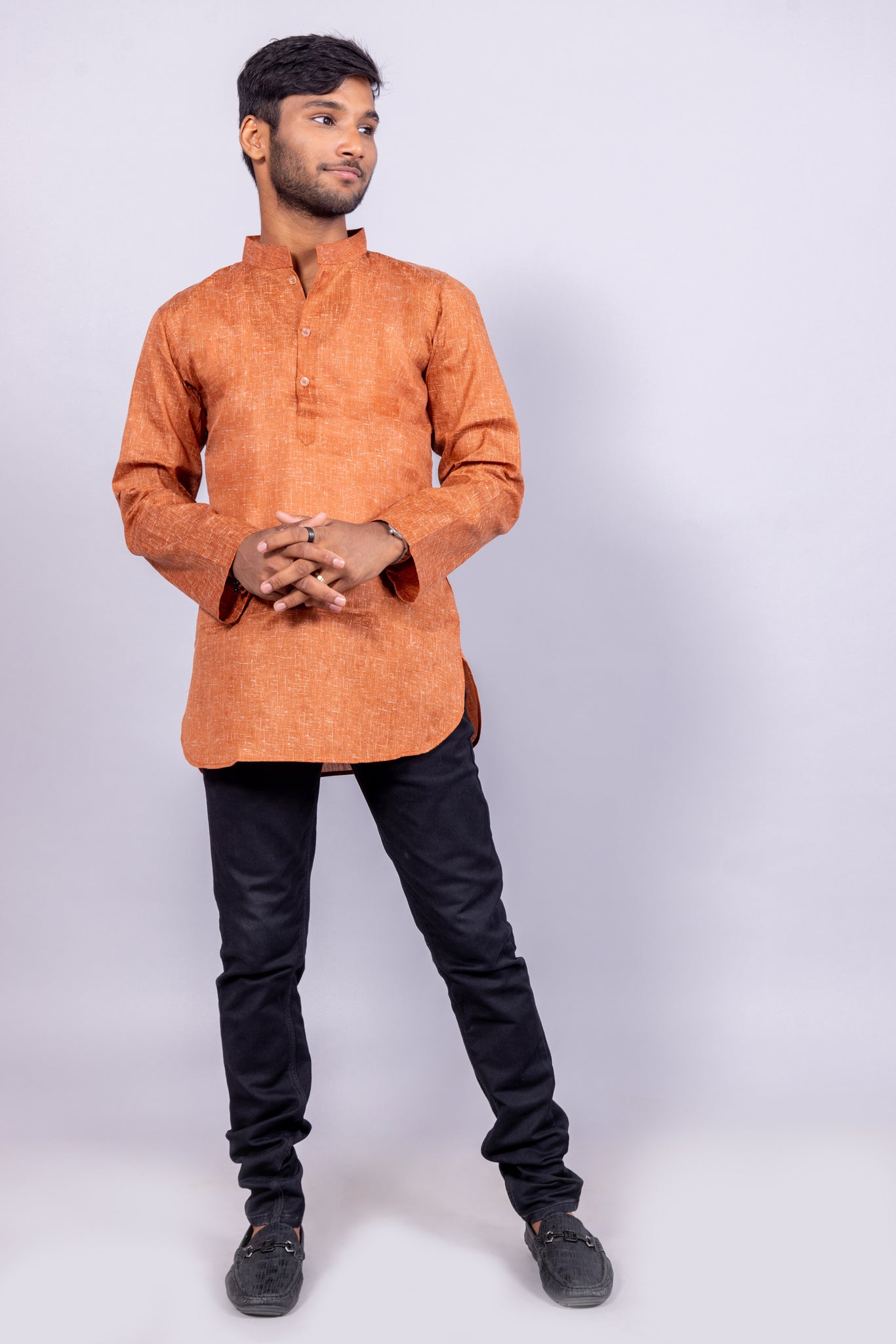 Cotton Blend Solid Casual Short Kurta for Men Long Sleeve Mandarin Collar Stylish Shirt Kurta for Men