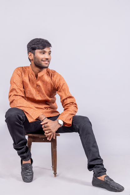 Cotton Blend Solid Casual Short Kurta for Men Long Sleeve Mandarin Collar Stylish Shirt Kurta for Men