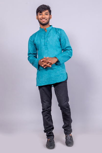 Cotton Blend Solid Casual Short Kurta for Men Long Sleeve Mandarin Collar Stylish Shirt Kurta for Men
