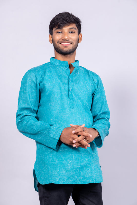 Cotton Blend Solid Casual Short Kurta for Men Long Sleeve Mandarin Collar Stylish Shirt Kurta for Men