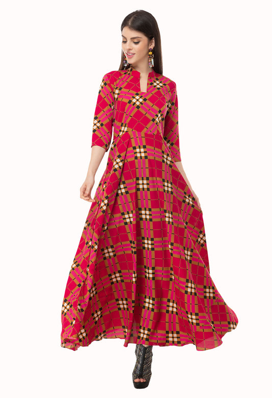 Rudraakshaksha women's checkered crepe fit and flary  maxi dress