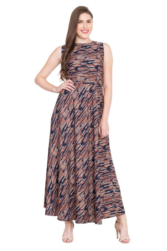 Printed Crepe Maxi Dress | Sleeveless Boat Neck Long Dress for Casual, Party 