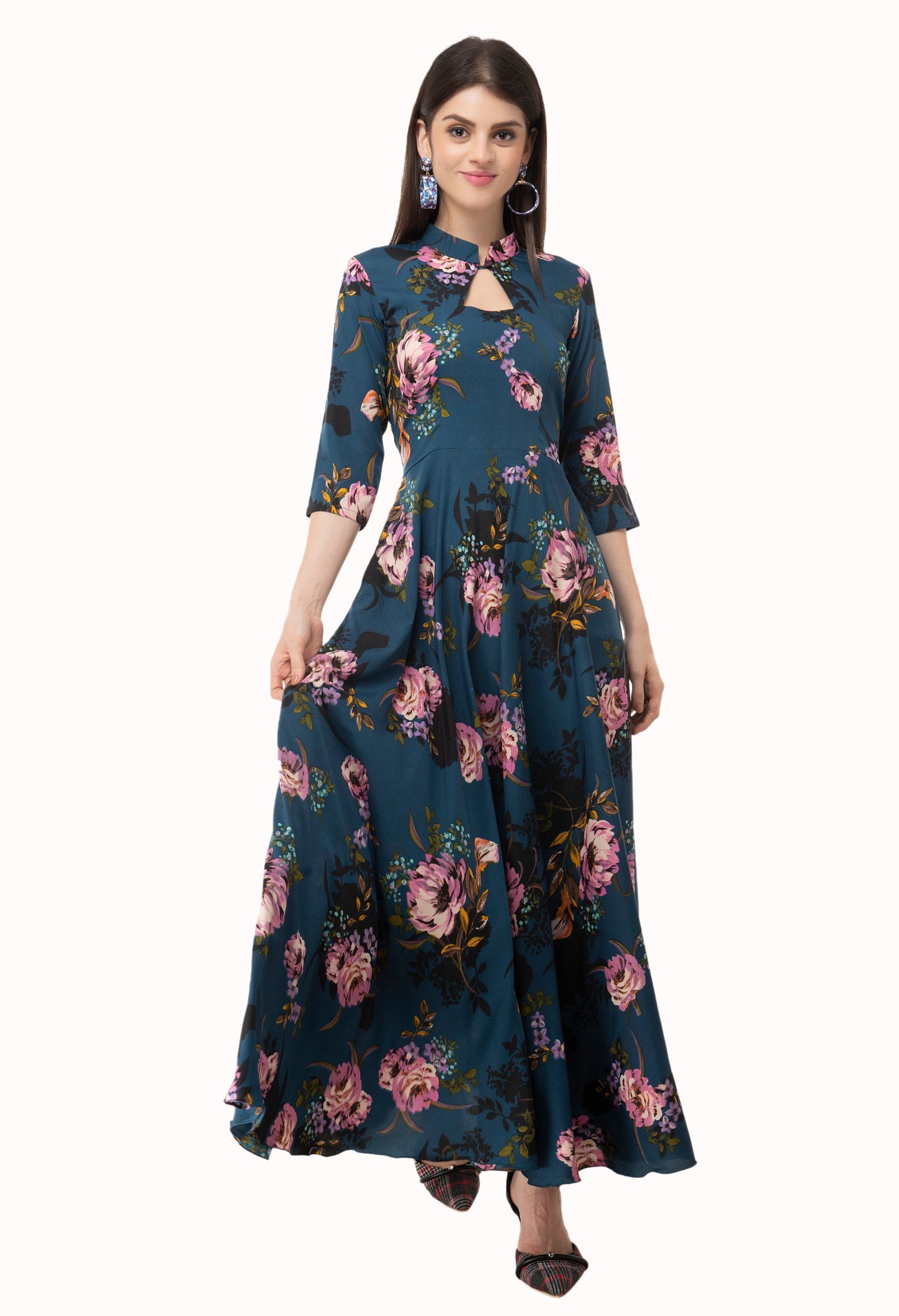 Rudraakshaksha women's printed black crepe fit and flary  maxi dress
