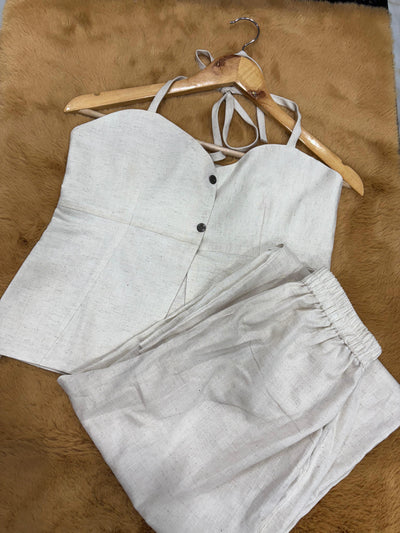 Off-White Solid Two-Piece Set with Corset Style Top and Relaxed Trousers