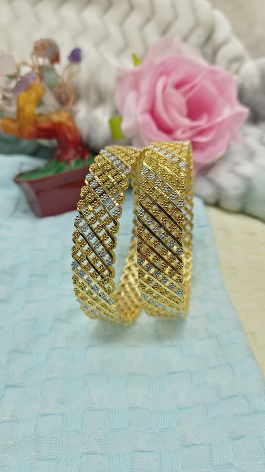 Rudraaksha Designer Gold Plated Bangles with White Stone Lattice Work (Set of 2)