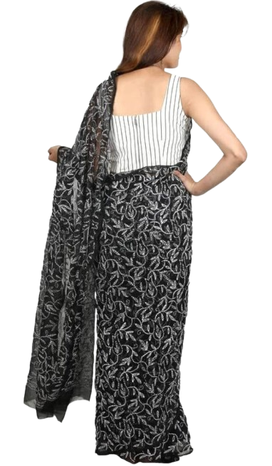 Rudraaksha Georgette Chikankari Saree - Hand-Embroidered Tepchi Work with Blouse